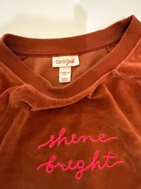 Cat & Jack Rust Orange Velour Sweatshirt with Pink "shine bright" Embroidery